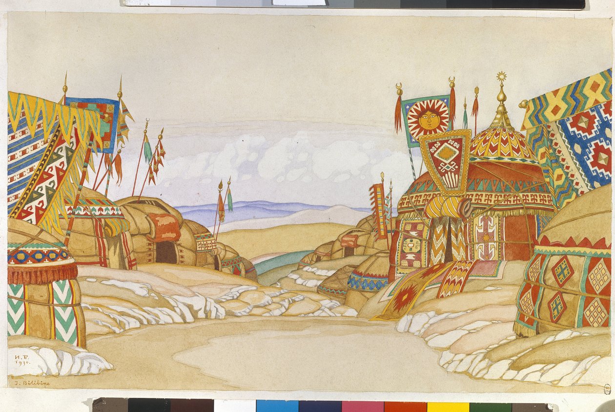 Militærleiren Polovtsien (eller Couman, Kouman). Dekor for operaen ""Prince Igor"" av Alexandre Borodin (Borodin) (1833-1887). Verk av Ivan Yakovlevich Bilibin (Bilibin) (1876-1942), akvarell på papir av Ivan Yakovlevich Bilibin