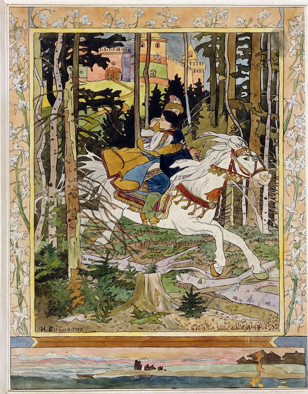 Prins Ivan. (Ivan Tsarevich). Helter fra russiske folklorelegender, rir på en hvit hest i skogen, flykter fra et slott og klemmer Vassilisa La Tres Belle i armene hennes. Illustrasjon av Ivan Yakovlevich Bilibin (Bilibin) (1876-1942), akvarell av Ivan Yakovlevich Bilibin