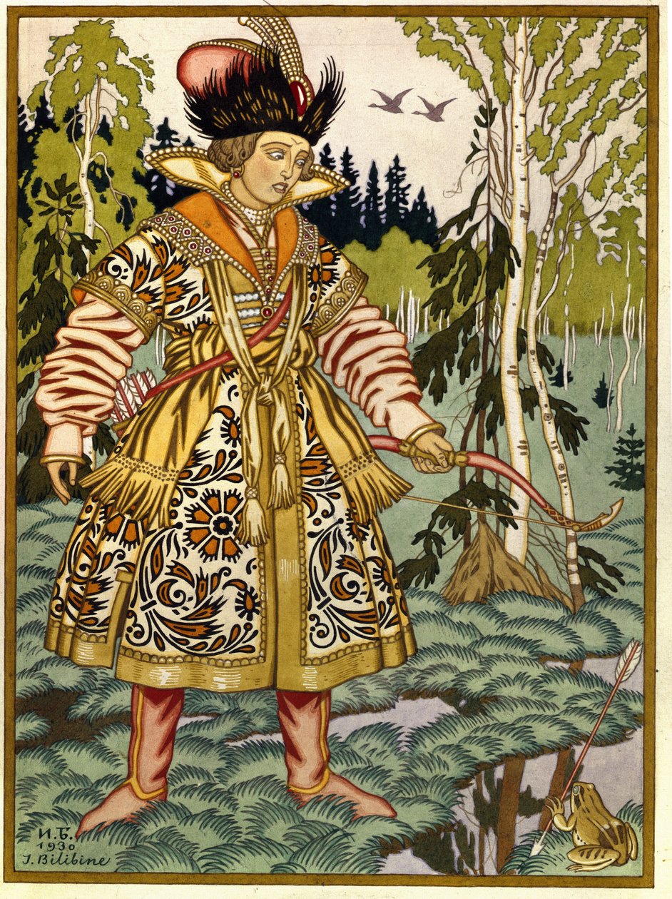 Prins Ivan og froskeprinsessen. (Ivan Tsarevich og froskeprinsessen). Russisk tradisjonell fortelling. Verk av Ivan Yakovlevich Bilibin (Bilibin) (1876-1942), akvarell og gouache på papir av Ivan Yakovlevich Bilibin