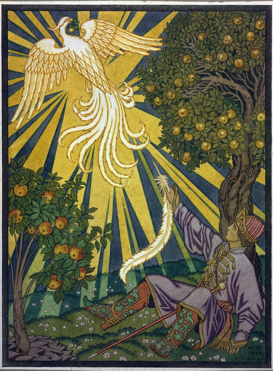 Prinsen griper en fjær fra ildfuglen. Illustrasjon for historien ""Ivan Tsarevitch, Ildfuglen og den grå ulven"". Verk av Ivan Yakovlevich Bilibin (Bilibin) (1876-1942), akvarell og gouache på papir. Russisk kunst, 1900-tallet, symbolikk. av Ivan Yakovlevich Bilibin
