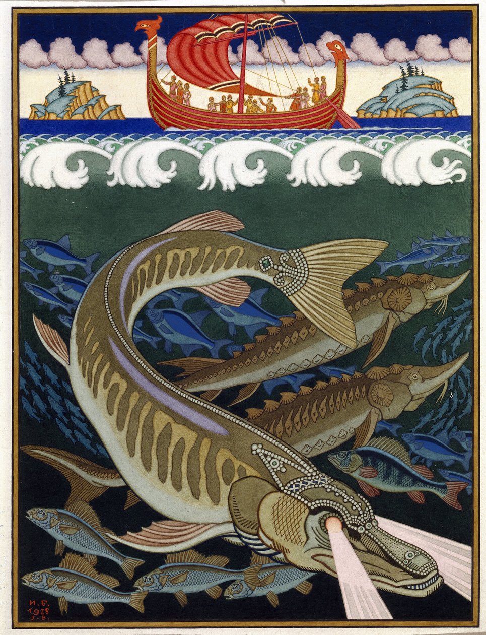 Havets imperium (Sea Empire). Russisk tradisjonell fortelling. Verk av Ivan Yakovlevich Bilibin (Bilibin) (1876-1942), akvarell og gouache på papir av Ivan Yakovlevich Bilibin