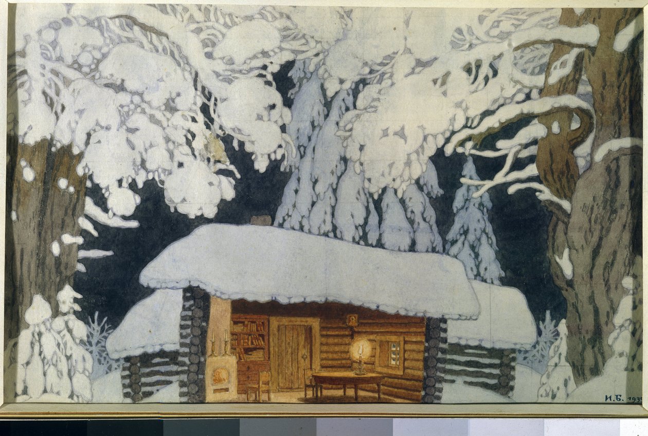 Trehus i den snødekte skogen. Scenery for skuespillet ""Commander Suvorov"". Verk av Ivan Yakovlevich Bilibin (Bilibin) (1876-1942), akvarell og gouache på papir av Ivan Yakovlevich Bilibin
