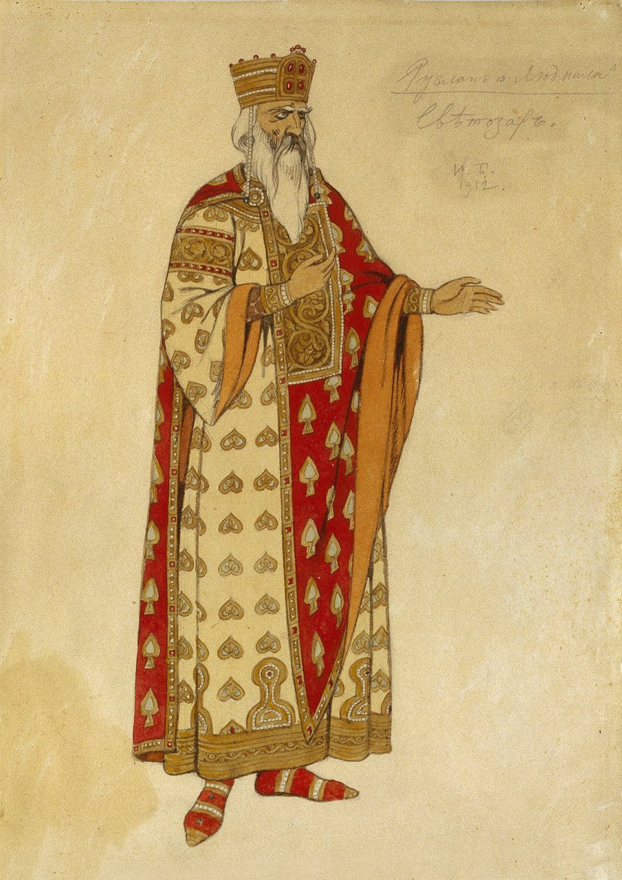 Kostymeprosjekt for operaen ""Ruslan og Ludmila"" av Mikhail Igor Glinka (1804-1857). Maleri av Ivan Yakolevich Bilibin (Bilibin) (1876-1942) av Ivan Yakovlevich Bilibin