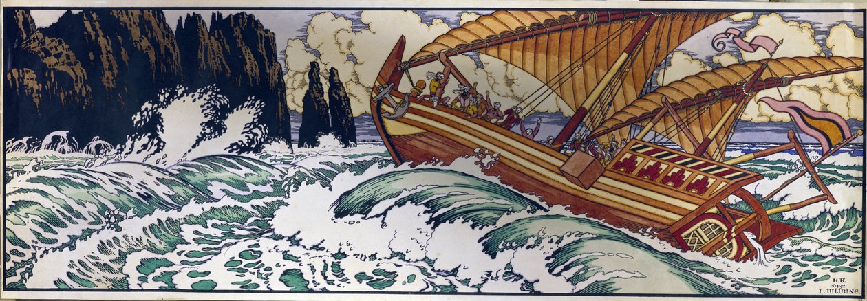 Sjømannen Sinbad. Illustrasjon for den arabiske tradisjonelle historien om Tusen og en natt. Verk av Ivan Yakovlevich Bilibin (Bilibin) (1876-1942), akvarell på papir av Ivan Yakovlevich Bilibin
