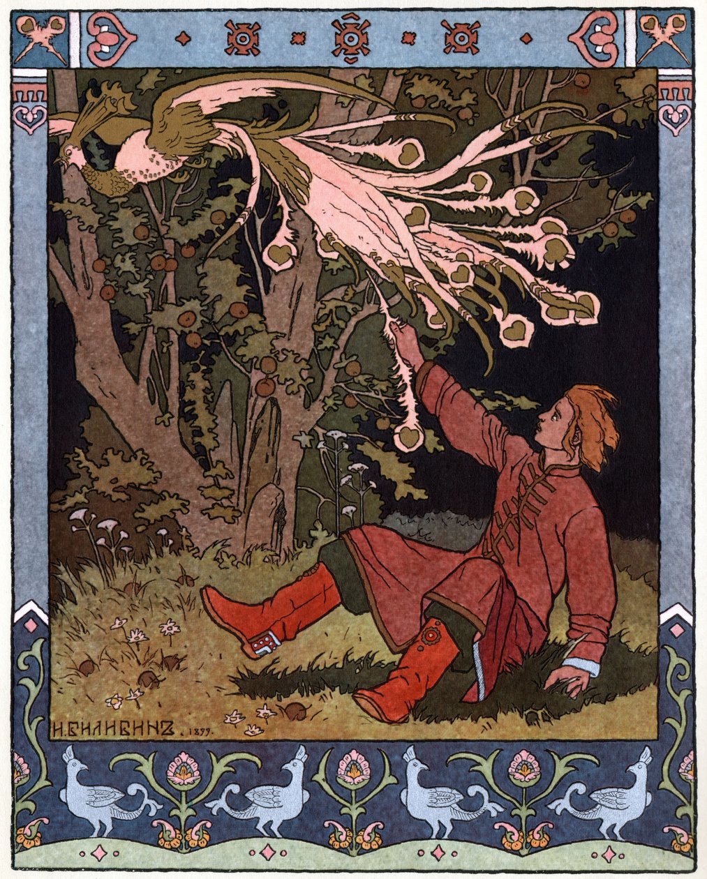 Tsarevitch Ivan, Ildfuglen og den grå ulven, ca. 1899 (litografi) av Ivan Yakovlevich Bilibin