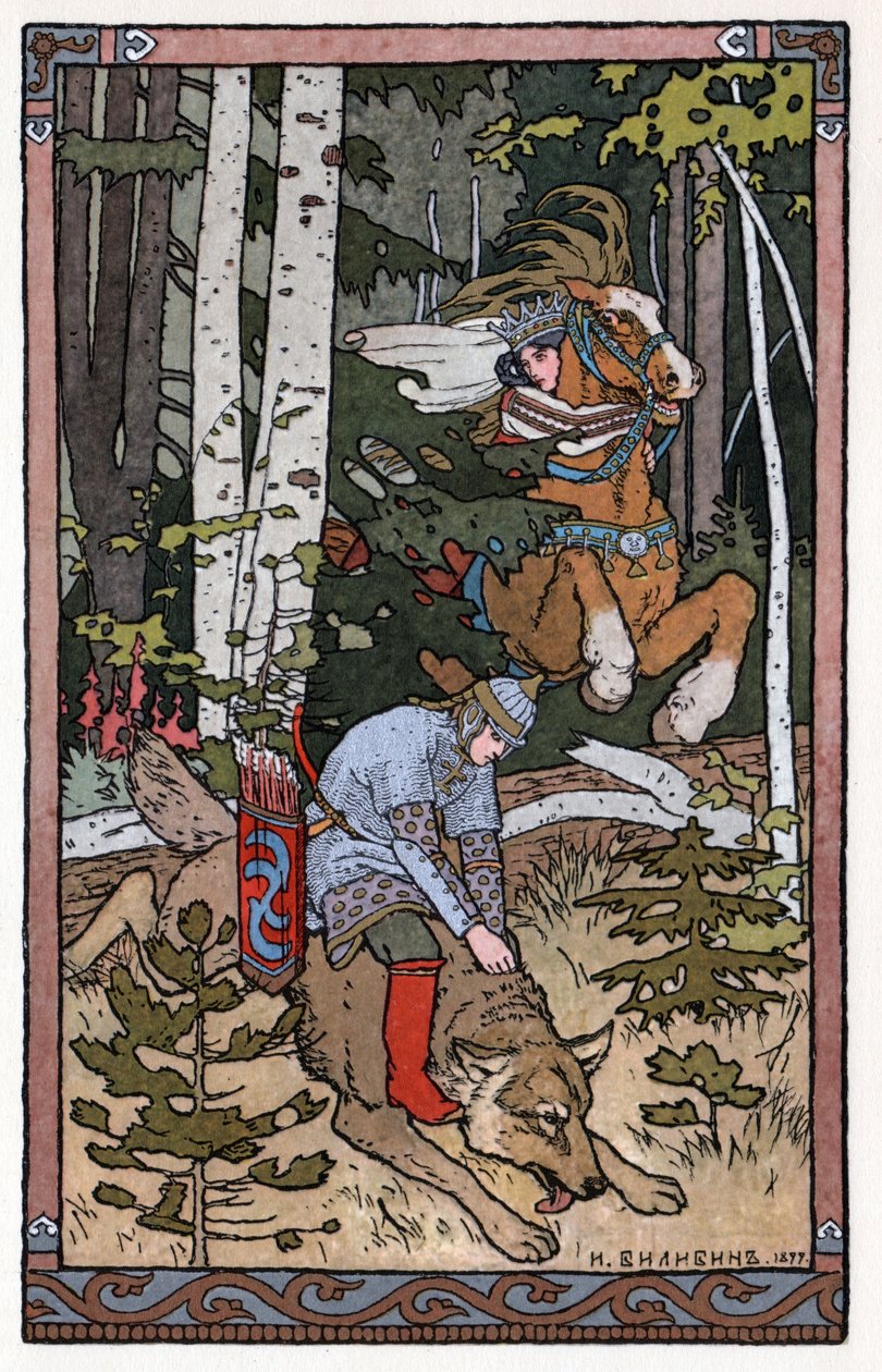Tsarevitch Ivan, Ildfuglen og den grå ulven, ca. 1899 (litografi) av Ivan Yakovlevich Bilibin