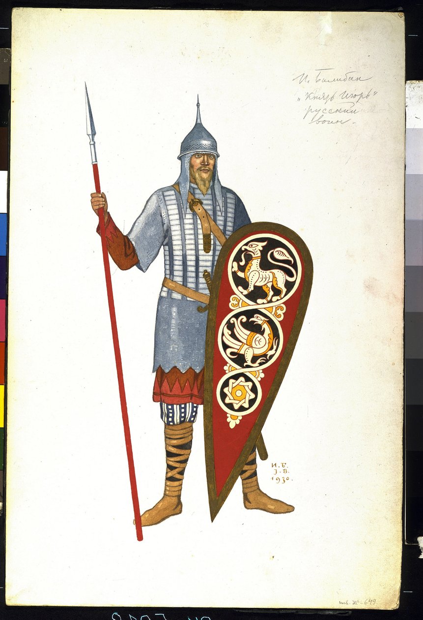 En russisk kriger på 1100-tallet. Kostyme til operaen ""Prince Igor"" av Alexander Borodin (1833-1887) (Russian Warrior. Kostymedesign for operaen Prince Igor av A. Borodin). Maleri av Ivan Yakolevich Bilibin (Bilibin) (1876-1942) av Ivan Yakovlevich Bilibin
