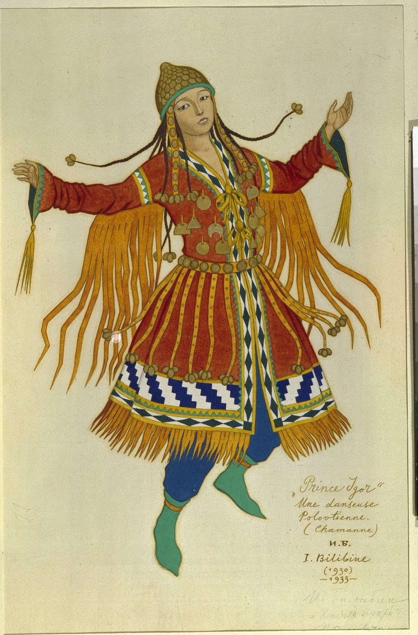 En polovtsisk (eller Couman, Kuman) sjamandanser. Kostyme for operaen ""Prince Igor"" av Alexandre Borodin (Borodin) (1833-1887). Verk av Ivan Yakovlevich Bilibin (Bilibin) (1876-1942), akvarell på papir av Ivan Yakovlevich Bilibin