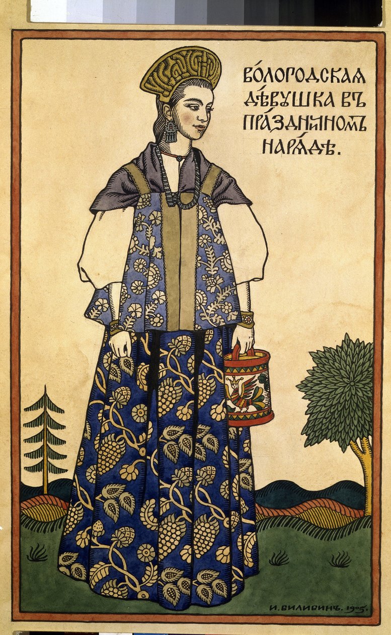 En ung dame fra Vologda i en festlig kjole. (En jomfru fra Voloda i festkjole). Iført en Kokochnik, høy hodeplagg og en sarafan, rett ermeløs kjole, fra regionen nord for Moskva. Verk av Ivan Yakovlevich Bilibin (Bilibin) (1876-1942), fordi av Ivan Yakovlevich Bilibin