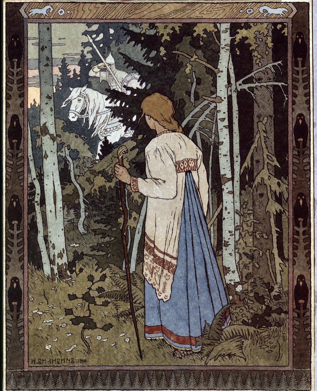 Vassilisa den vakreste og den hvite rytteren. (Vasilisa den vakre og den hvite rytteren). (Tradisjonell russisk fortelling). Verk av Ivan Yakovlevich Bilibin (Bilibin) (1876-1942), litografi av Ivan Yakovlevich Bilibin