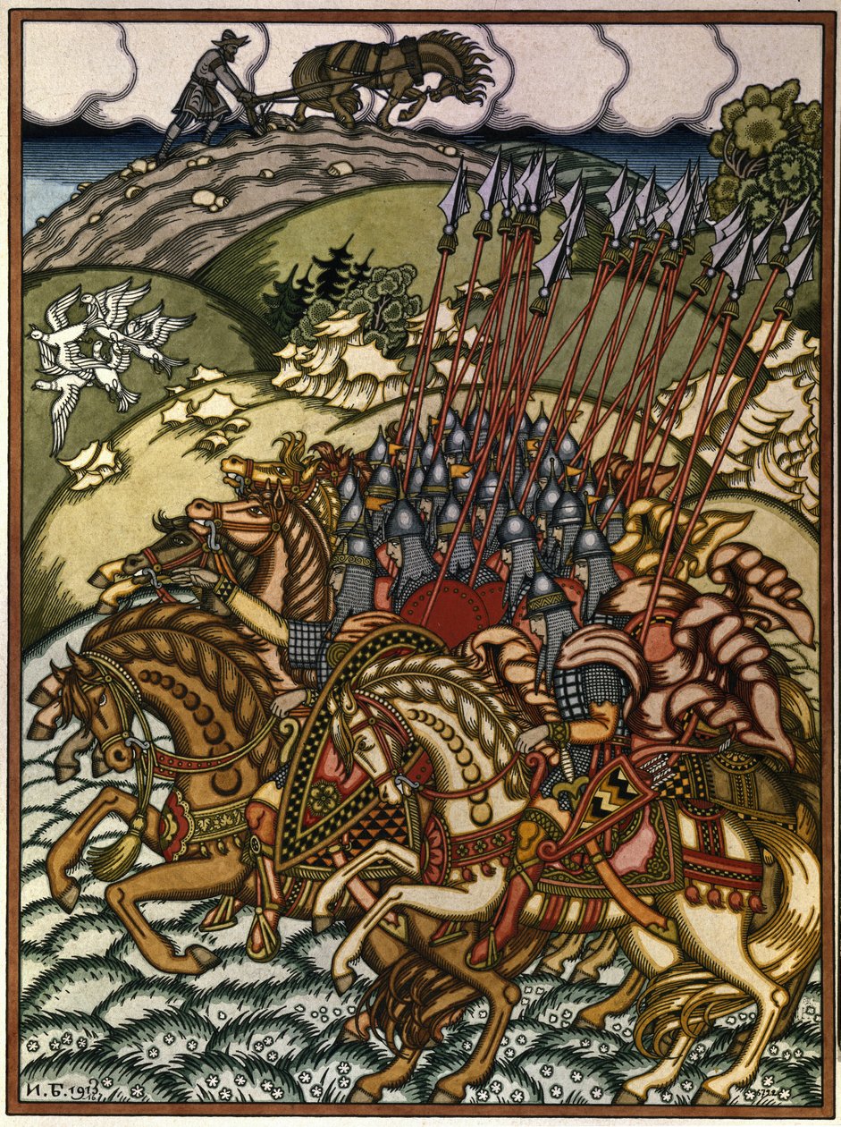 Volga Sviatoslavich (Vseslav de Polotsk (vers 1039-1101), storprins de Kiev de 1068 a 1069) og Mikula Selyaninovich (?). Oeuvre de Ivan Yakovlevich Bilibin (Bilibin) (1876–1942), litografi av Ivan Yakovlevich Bilibin
