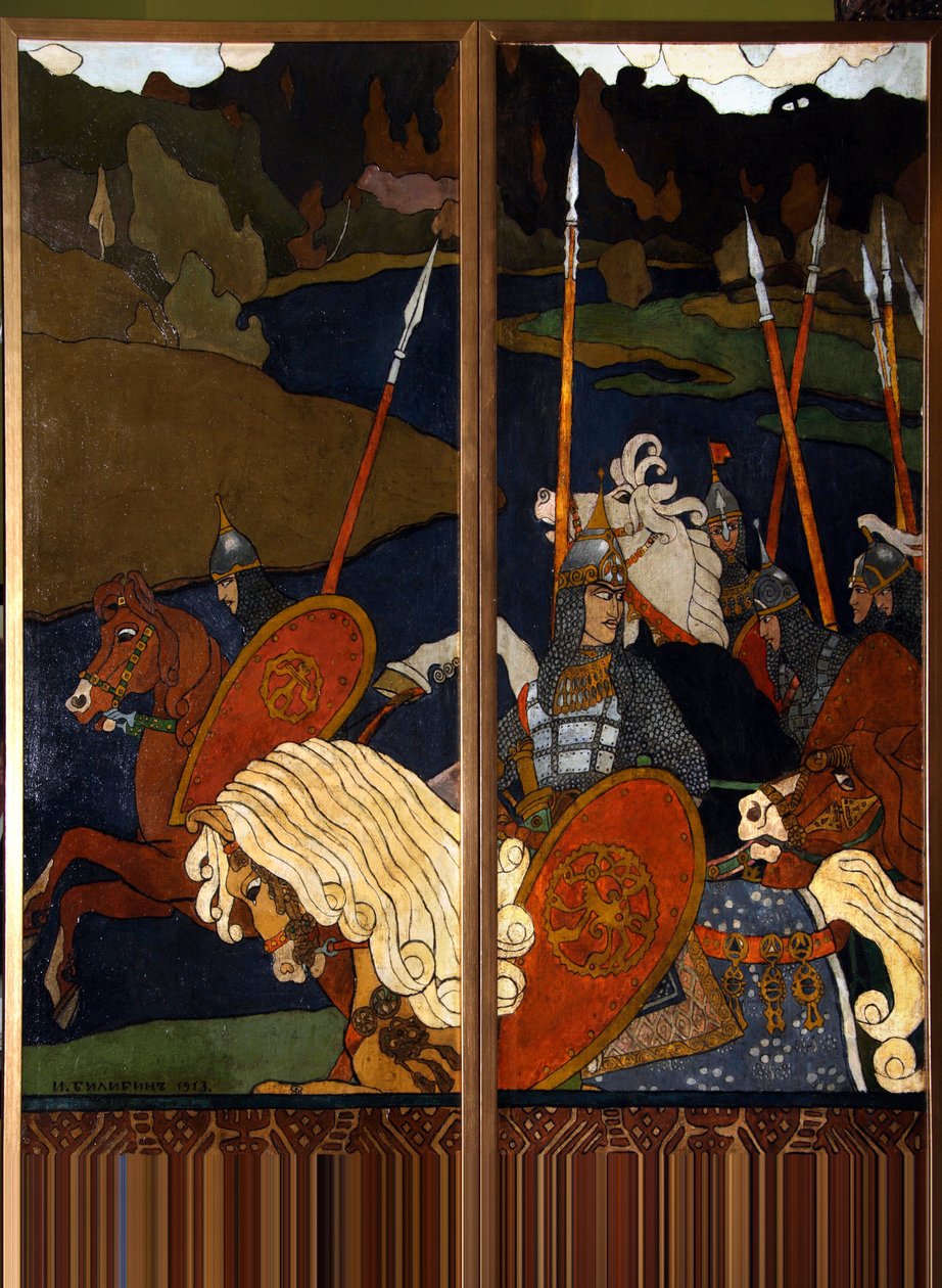 Volga Sviatoslavitch og hans hær. (Legendary Hero of Russia, Vladimir I Sviatoslavitch (958-1015), Prince of kyiv, kjent som The Great eller Red Sun). Maleri av Ivan Yakovlevich Bilibin (Bilibin) (1876-1942), olje på lerret av Ivan Yakovlevich Bilibin
