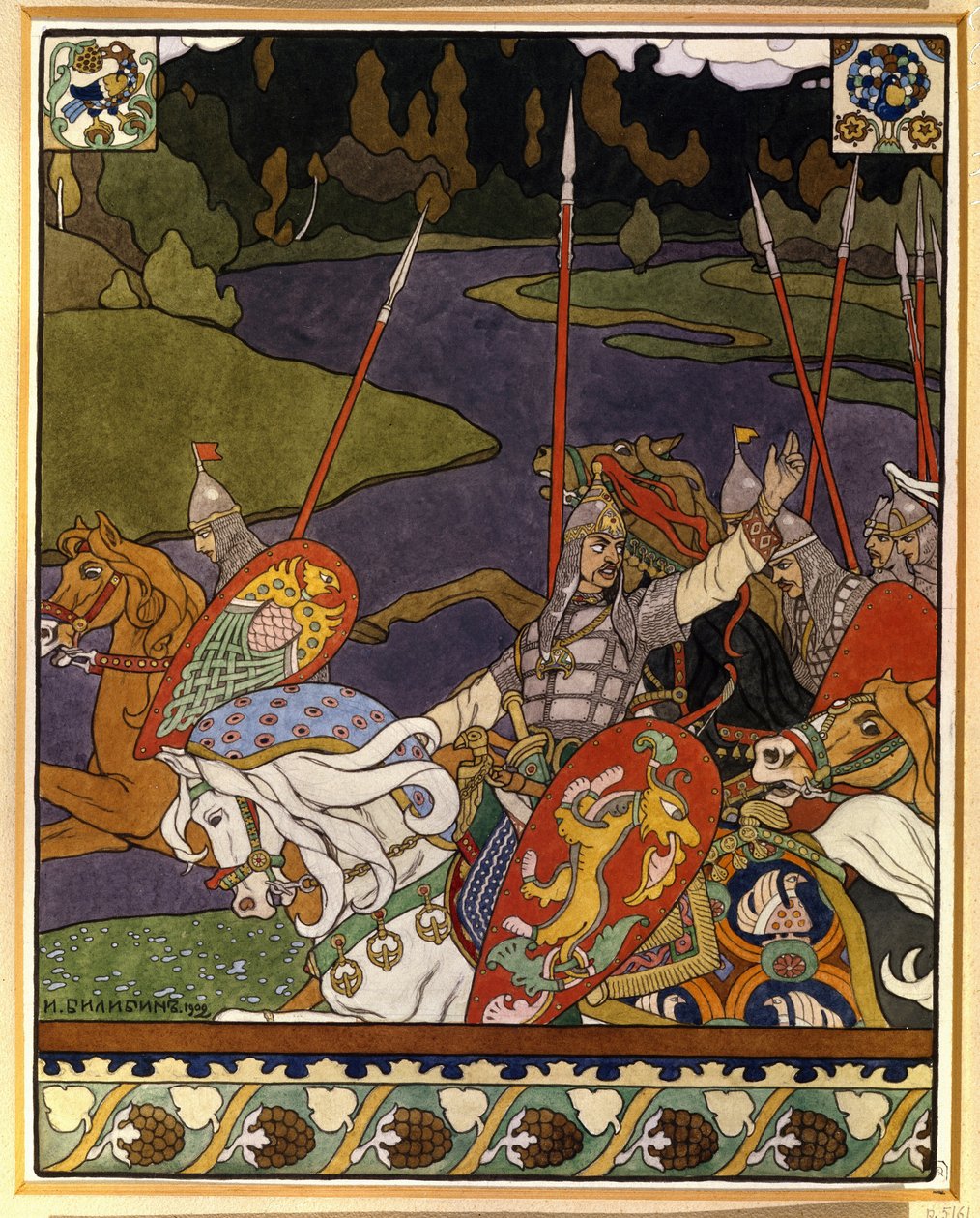 Volga Svyatoslavich og hans hær. (Volga Svyatoslavich og hans hær). Illustrasjon for mytiske epos inspirert av nordrussisk folklore. Verk av Ivan Yakovlevich Bilibin (Bilibin) (1876-1942), litografi av Ivan Yakovlevich Bilibin