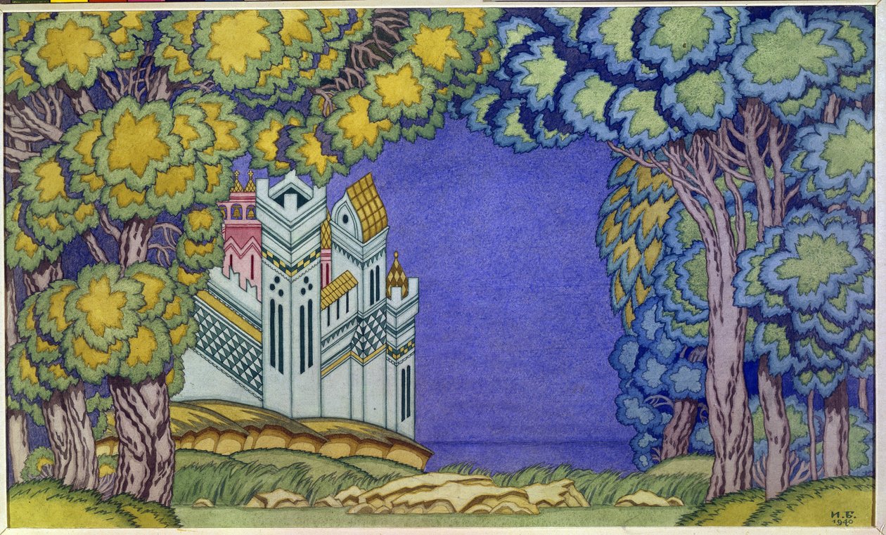 Dekor av opera for "The Tale of the Tsar Saltan", Island Buyan av Nicholas (Nikolai) Rimsky Korsakov (Rimsky-Korsakov) (1844-1908) av Ivan Yakovlevich Bilibin