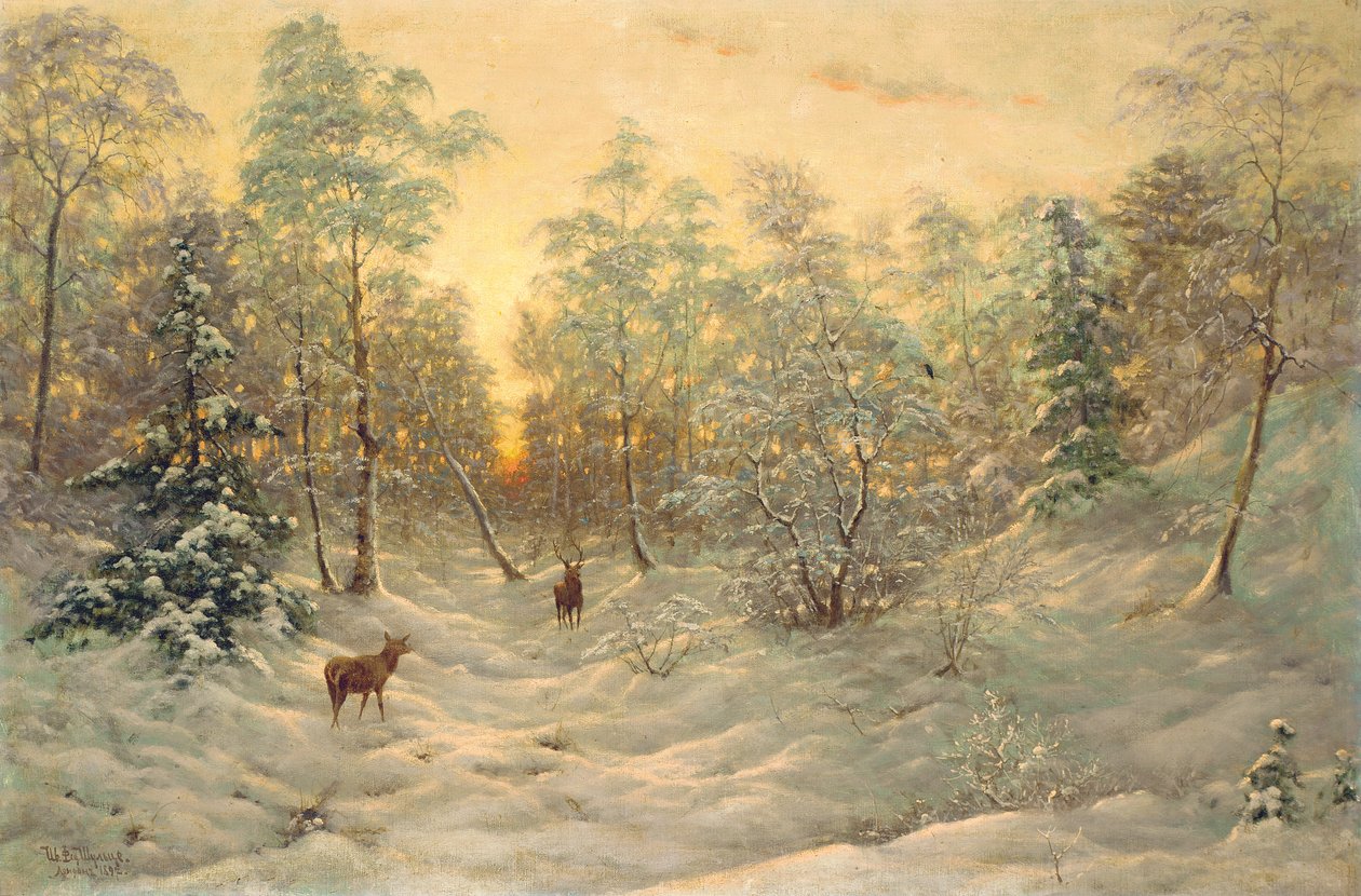 Hjort i et snølandskap i skumringen av Ivan Fedorovich Choultse