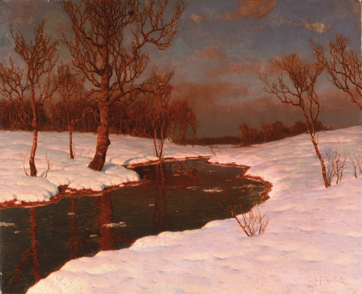 Solnedgang på et snødekt elvelandskap av Ivan Fedorovich Choultse