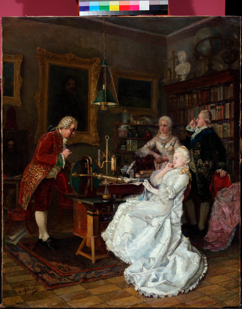 Keiserinne Katarina II av Russland (1729-1796) på besøk hos Mikhail Lomonosov (1711-1765) (Keiserinne Katarina på besøk hos M.Lomonosov) Maleri av Ivan Fiodorov (Feodorov) (1853-1894) av Ivan Feodorov