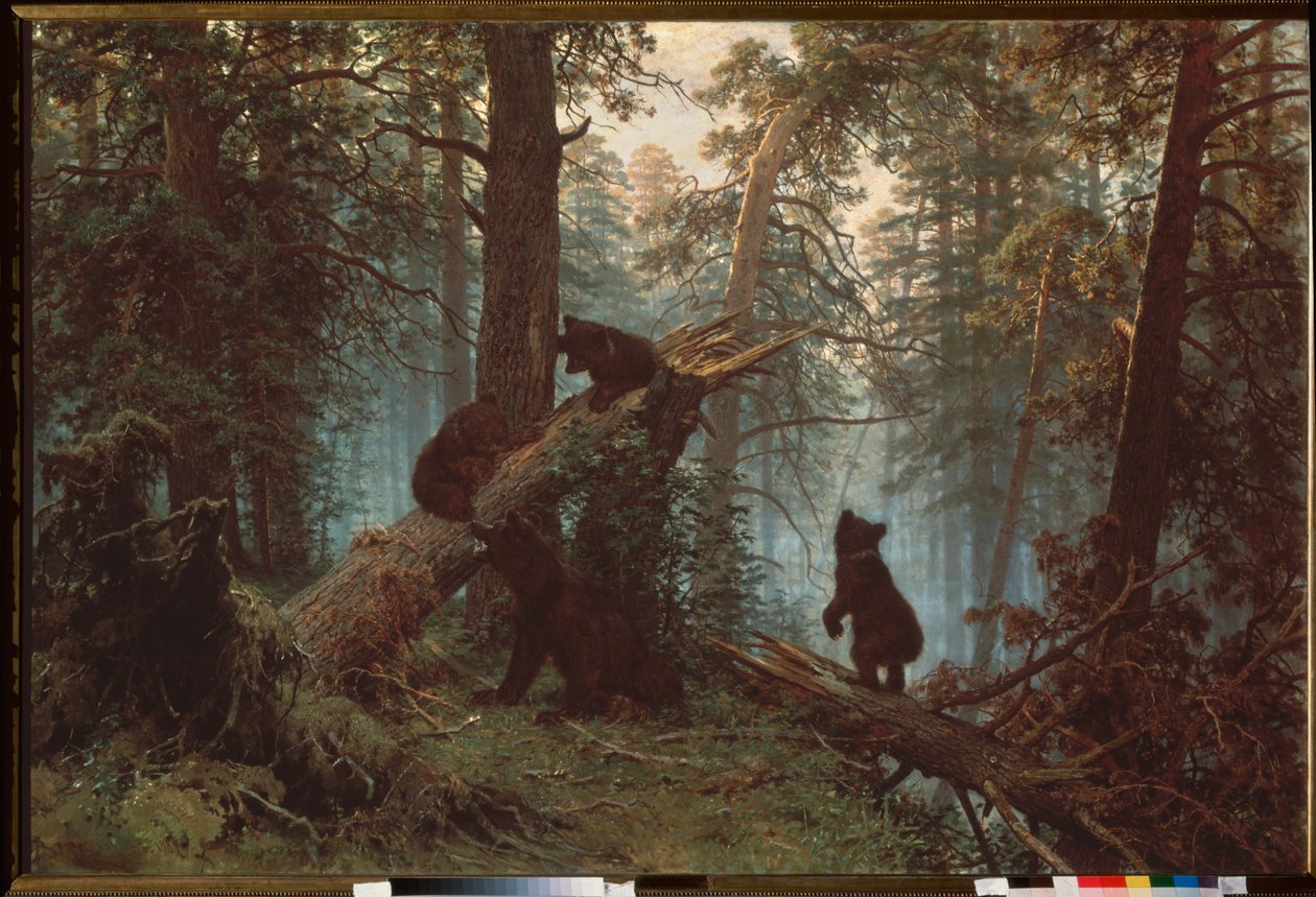 Morgen i en furuskog (Tre bjørnunger klatrer i et falt tre, under blikket til moren) - Morgen i en furuskog - Maleri av Ivan Ivanovich Shishkin (Shishkin) (1832-1898), olje på lerret av Ivan Ivanovich Shishkin