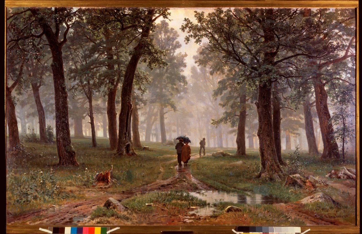 Regn i en eikeskog - Maleri av Ivan Ivanovich Shishkin (Shishkin) (1832-1898), olje på lerret av Ivan Ivanovich Shishkin
