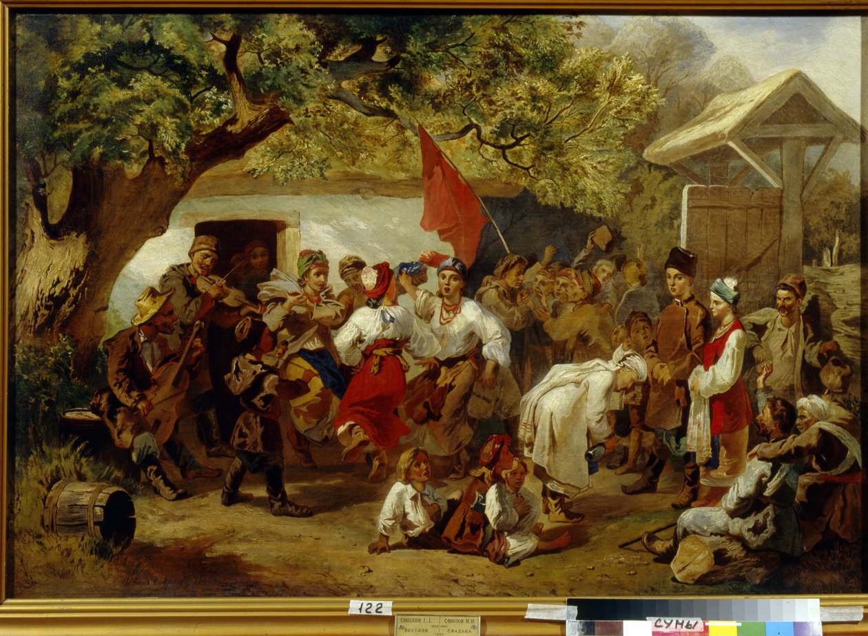 Bryllupsmåltidet. (Bryllupsfestivalen). Maleri av Ivan Ivanovich Sokolov (1823-1918), olje på lerret av Ivan Ivanovich Sokolov