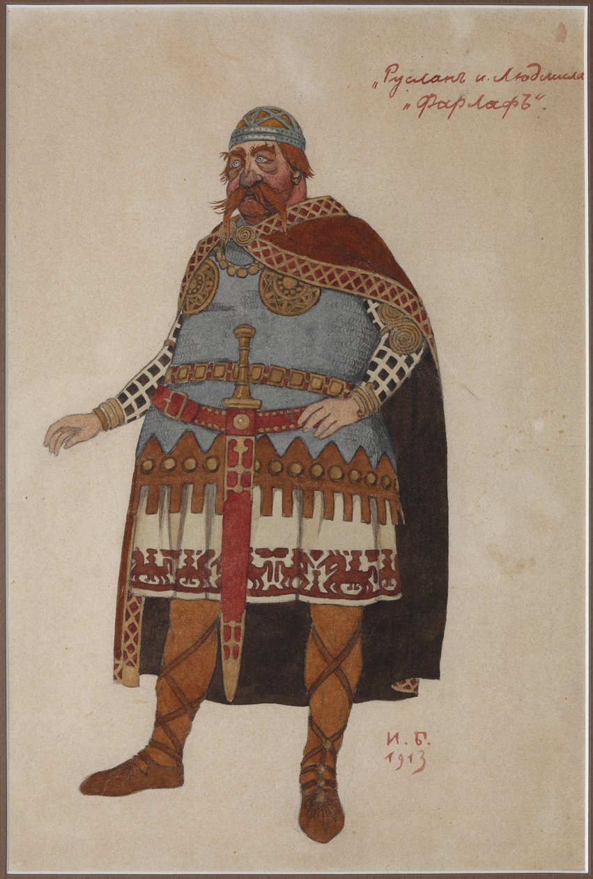 Kostymedesign for operaen Ruslan og Lyudmila av M. Glinka par Bilibin, Ivan Yakovlevich (1876-1942). Akvarell på papp av Ivan Yakovlevich Bilibin