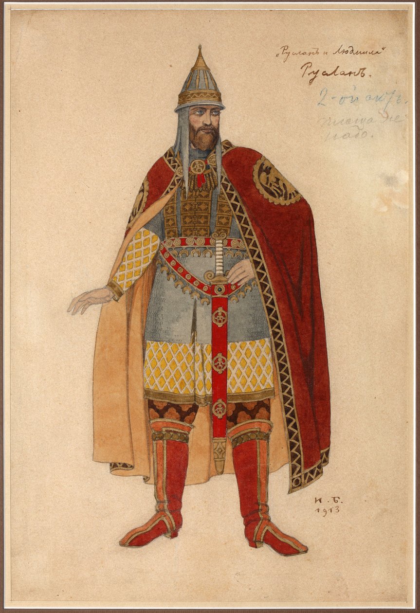 Kostymedesign for operaen Ruslan og Lyudmila av M. Glinka par Bilibin, Ivan Yakovlevich (1876-1942). Akvarell på papp av Ivan Yakovlevich Bilibin