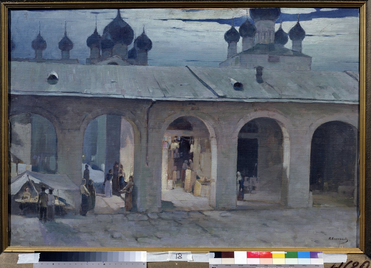 "Gallery Marchande au Kremlin de Rostov" Painture dYvan Kalmykov (1866-1925) Artikkel Friluftsmuseum Rostov Kreml, Rostov av Ivan Kalmykov