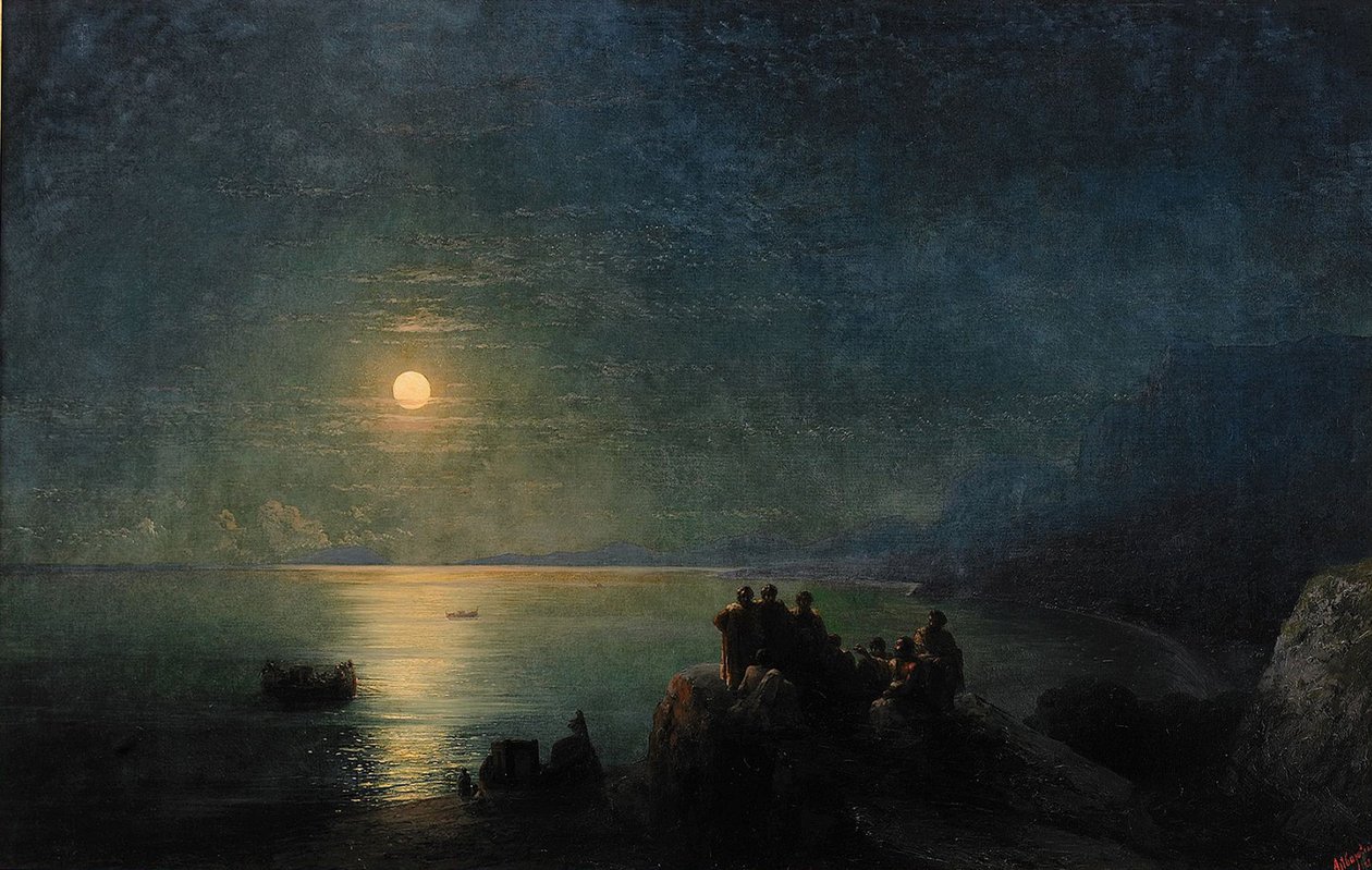 Gamle greske poeter ved vannkanten i måneskinn, 1886 av Ivan Konstantinovich Aivazovsky