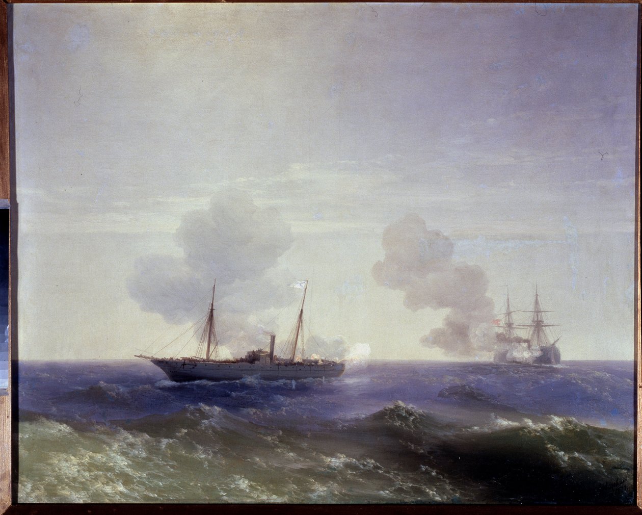 Russisk-tyrkisk (russisk-tyrkisk) krig 1877-1878: Sjøslaget mellom den russiske krysseren Vesta og den tyrkiske jernkledde Fethi Bulend i Svartehavet, 11. juli 1877 (Sjøslaget mellom den russiske krysseren Vesta og den jernkledde Fethi Det gjorde Bulend av Ivan Konstantinovich Aivazovsky