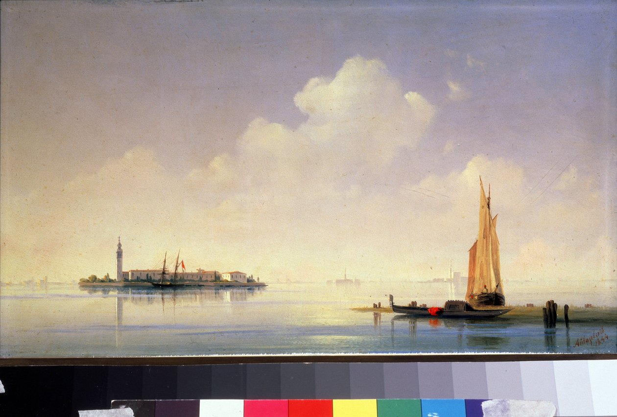 Den venetianske lagunen, utsikt over øya San Giorgio Maggiore (Saint-Georges-Majeur, Saint Georges Major) (Den venetianske lagunen, utsikt over San Giorgio Maggiore). Maleri av Ivan Konstantinovich Aivazovsky (Ivan Konstantinovitch Aivazovsky av Ivan Konstantinovich Aivazovsky