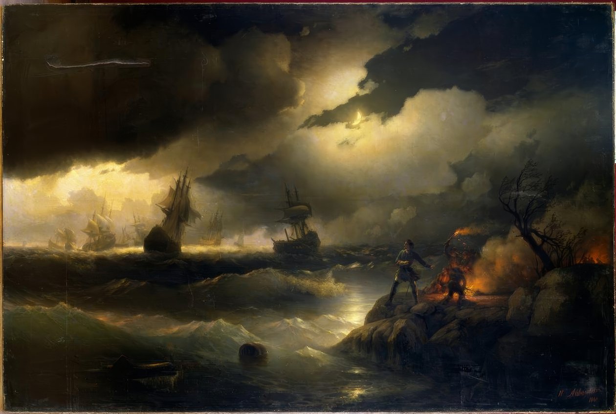 Peter den store tenner et fyrtårn for Krasnoi Gorka av Ivan Konstantinovich Aivazovsky
