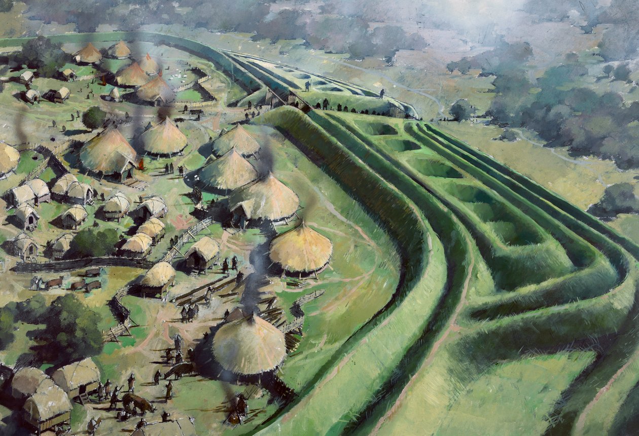 Luftfoto av inngangen til Old Oswestry Hill Fort under jernalderen, c1970-2010 av Ivan Lapper
