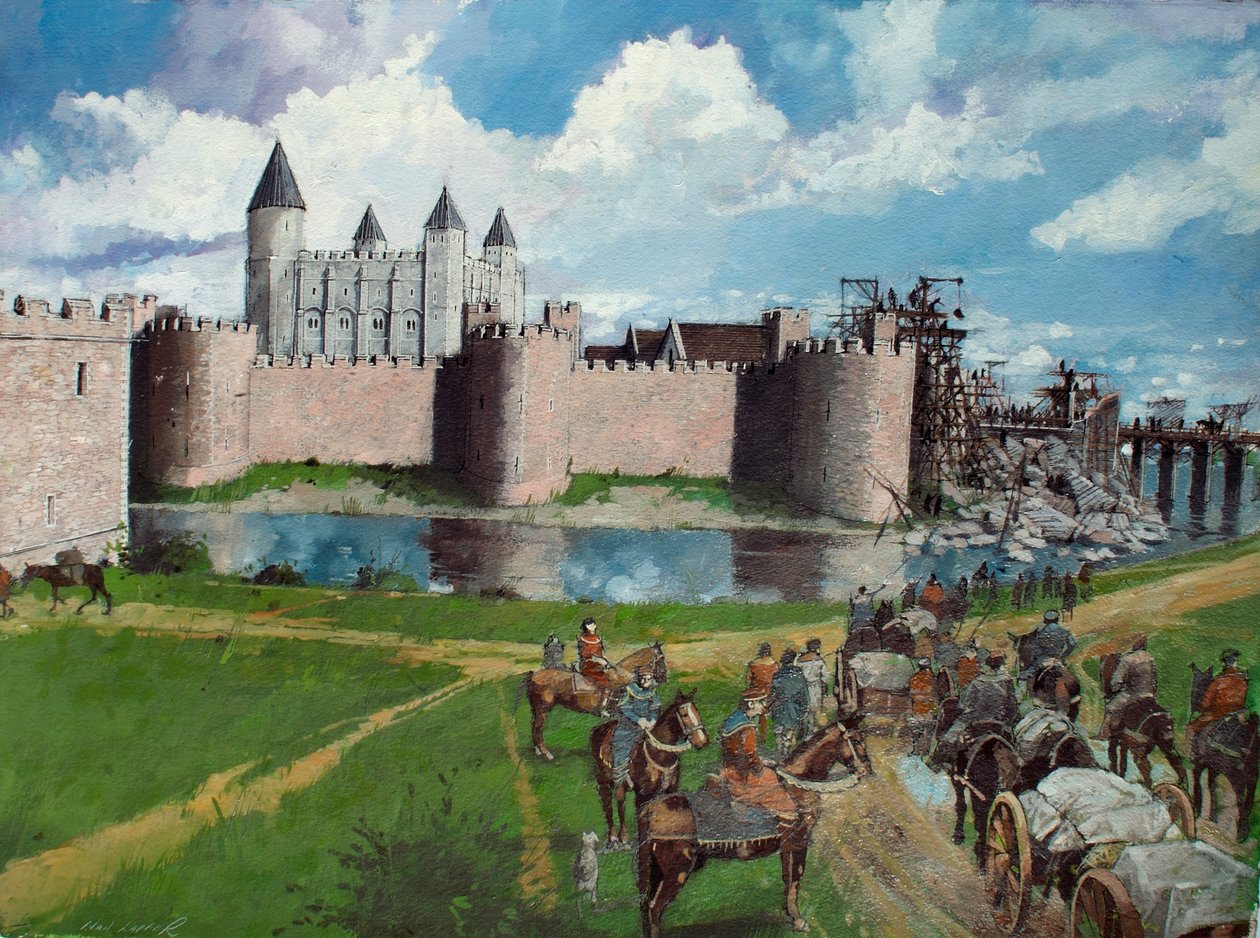 Rekonstruert utsikt over Tower of London fra nordvest som viser kong Henrik IIIs kollapsede port i 1300 av Ivan Lapper