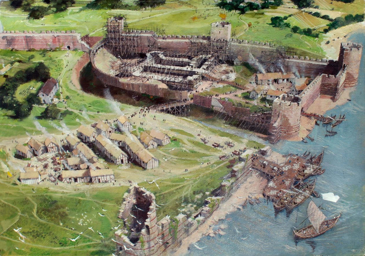 Rekonstruert utsikt over Tower of London fra sørvest slik det kan ha sett ut på 1070- eller 1080-tallet mens White Tower var i de tidlige stadiene av byggingen av Ivan Lapper