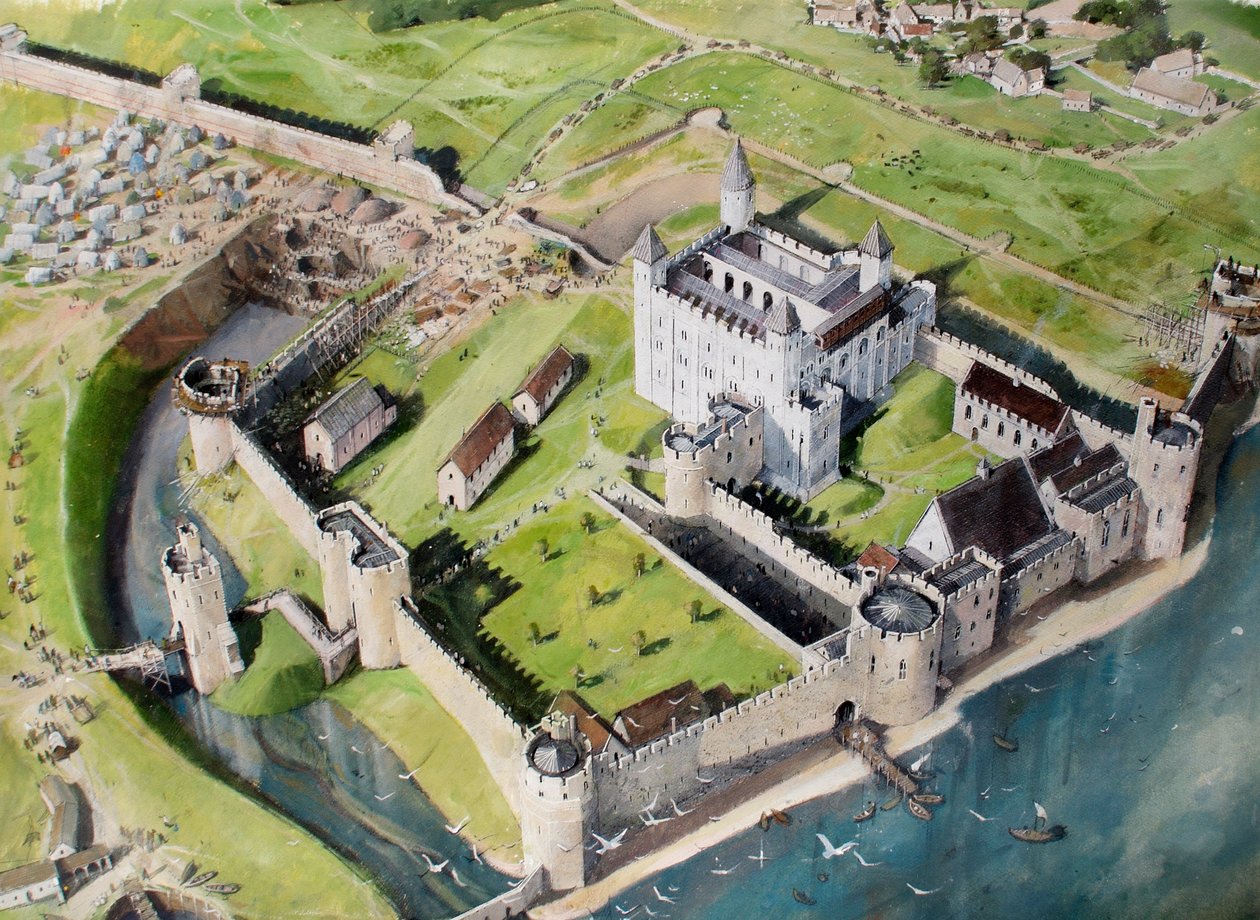 Rekonstruert utsikt over Tower of London fra sørvest rundt 1240 av Ivan Lapper