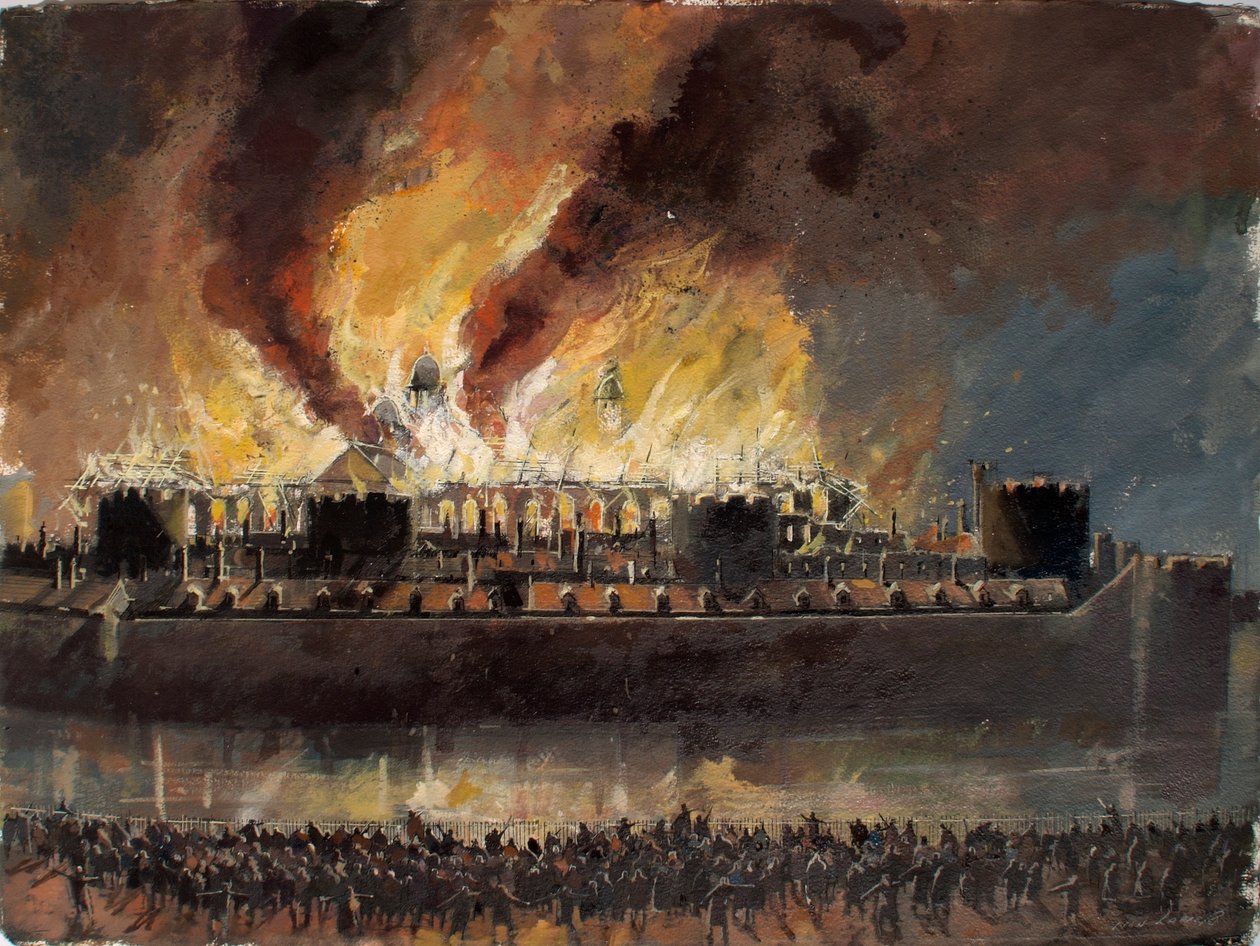 Rekonstruert utsikt over Tower of London med Grand Storehouse i brann i 1841 av Ivan Lapper