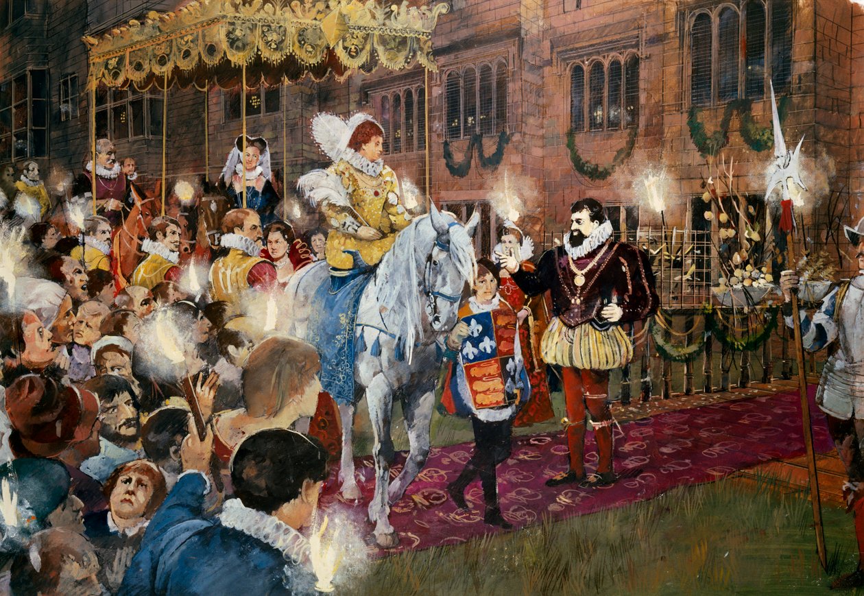 Robert Dudley ønsker dronning Elizabeth I velkommen til Kenilworth Castle, Warwickshire, juli 1575 c2000s av Ivan Lapper