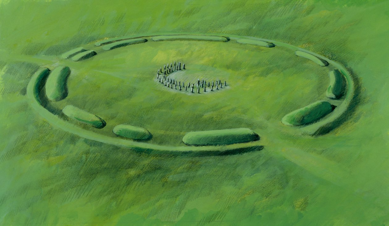 Stonehenge: tredje fase som begynner med at blåsteinene settes i en dobbel halvmåne av Ivan Lapper