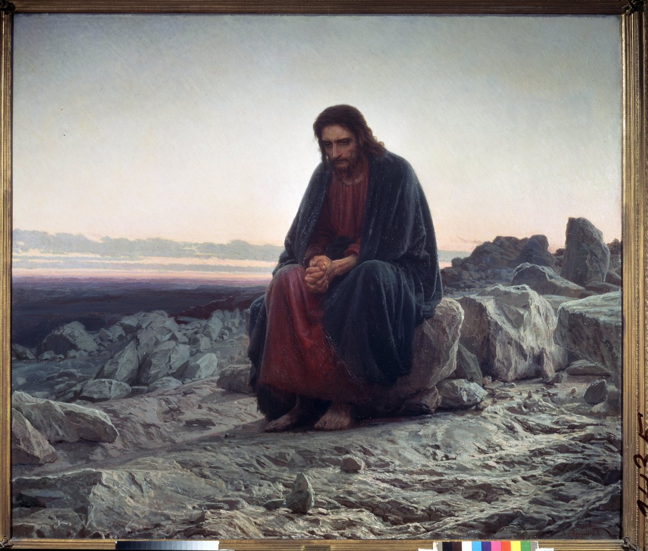 Kristus i ørkenen (Kristus i villmarken). Kristus, sittende på en stein, med hendene sammen i en holdning av meditativ kontemplasjon. Maleri av Ivan Nikolayevich Kramskoi (1837-1887), olje på lerret av Ivan Nikolaevich Kramskoy