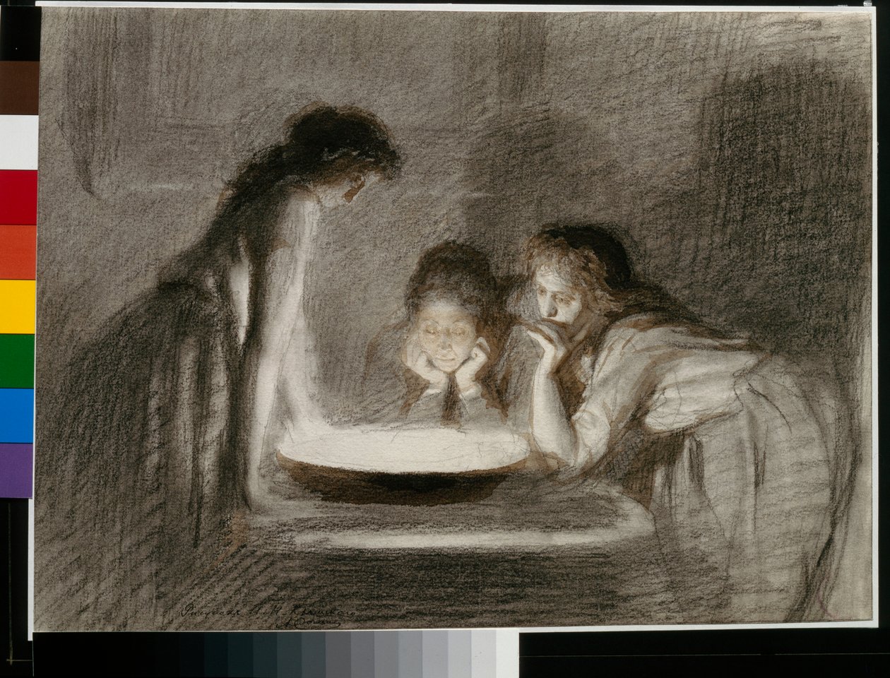 Divination la veille de Noel (spådom på julaften) - Blyant, pensel, sepia på papir av Ivan Nikolaevich Kramskoi (Kramskoy) (1837-1887) av Ivan Nikolaevich Kramskoy