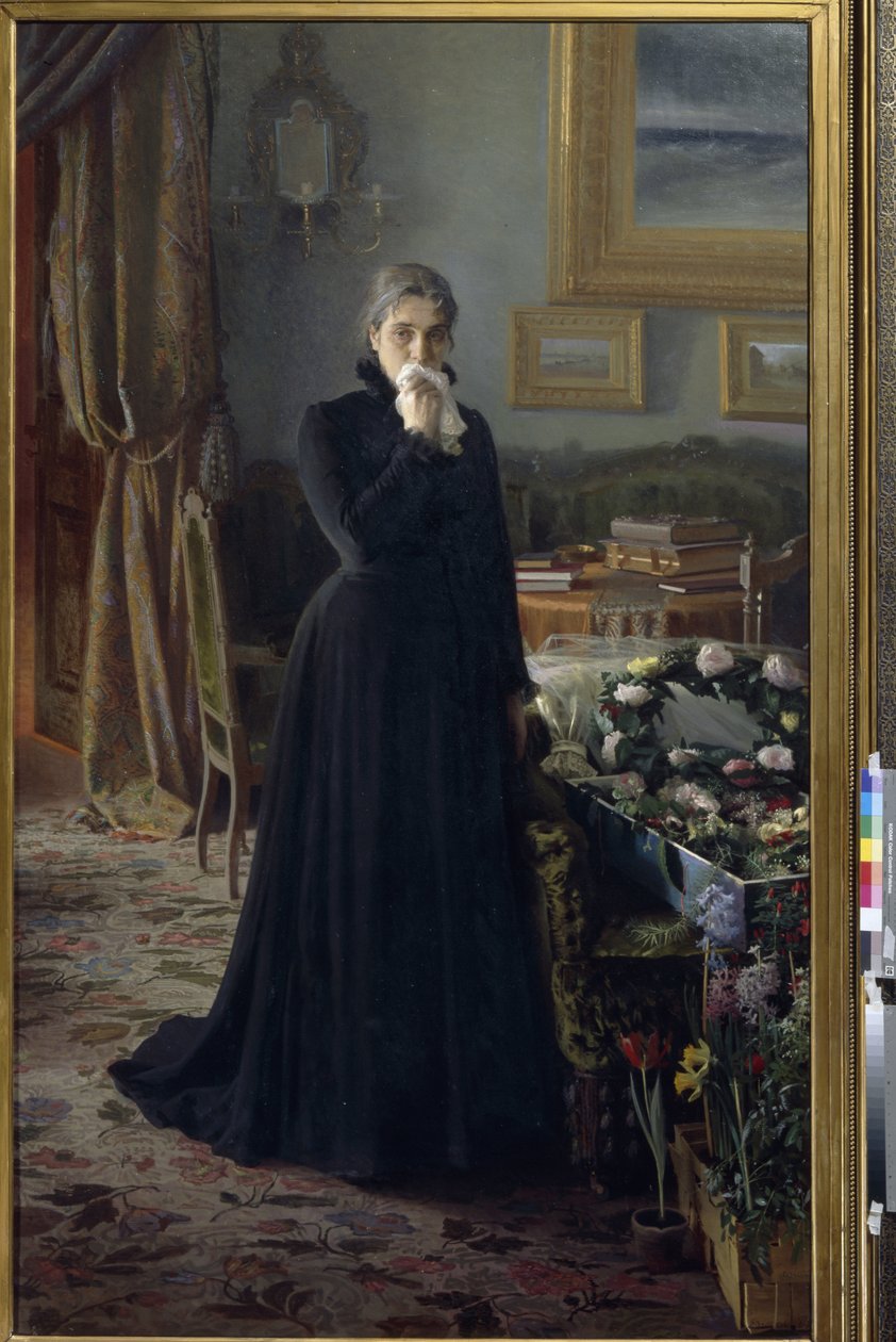 Utrøstelig sorg (en kvinne, i sorg, stående nær kisten dekket med blomsterkranser)(Utrøstelig sorg) - Maleri av Ivan Nikolayevich Kramskoi (1837-1887), olje på lerret (228x141 cm) av Ivan Nikolaevich Kramskoy