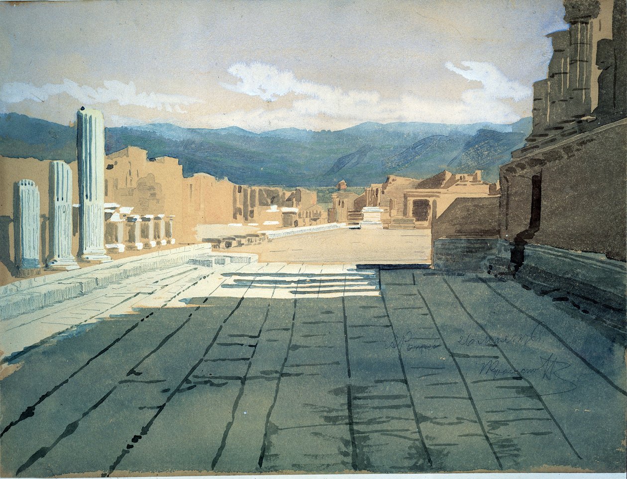 Pompei (Italia) (Pompei). Utsikt over forumet av romerske ruiner i Napolibukta, foran Vesuv. Verk av Ivan Nikolayevich Kramskoi (1837-1887), akvarell på papir av Ivan Nikolaevich Kramskoy