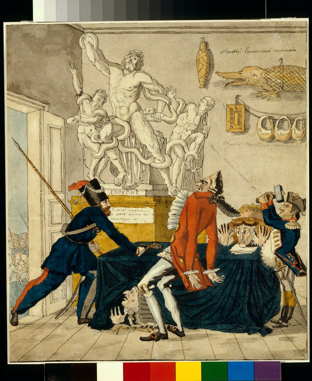 Napoleon Bonaparte (1769-1821) selger tyvegods, blant dem Laocoön-gruppen - Karikatur av Ivan Ivanovich Terebenev (1780-1815), blekk og akvarell på papir av Ivan Nikolayevich Terebenev