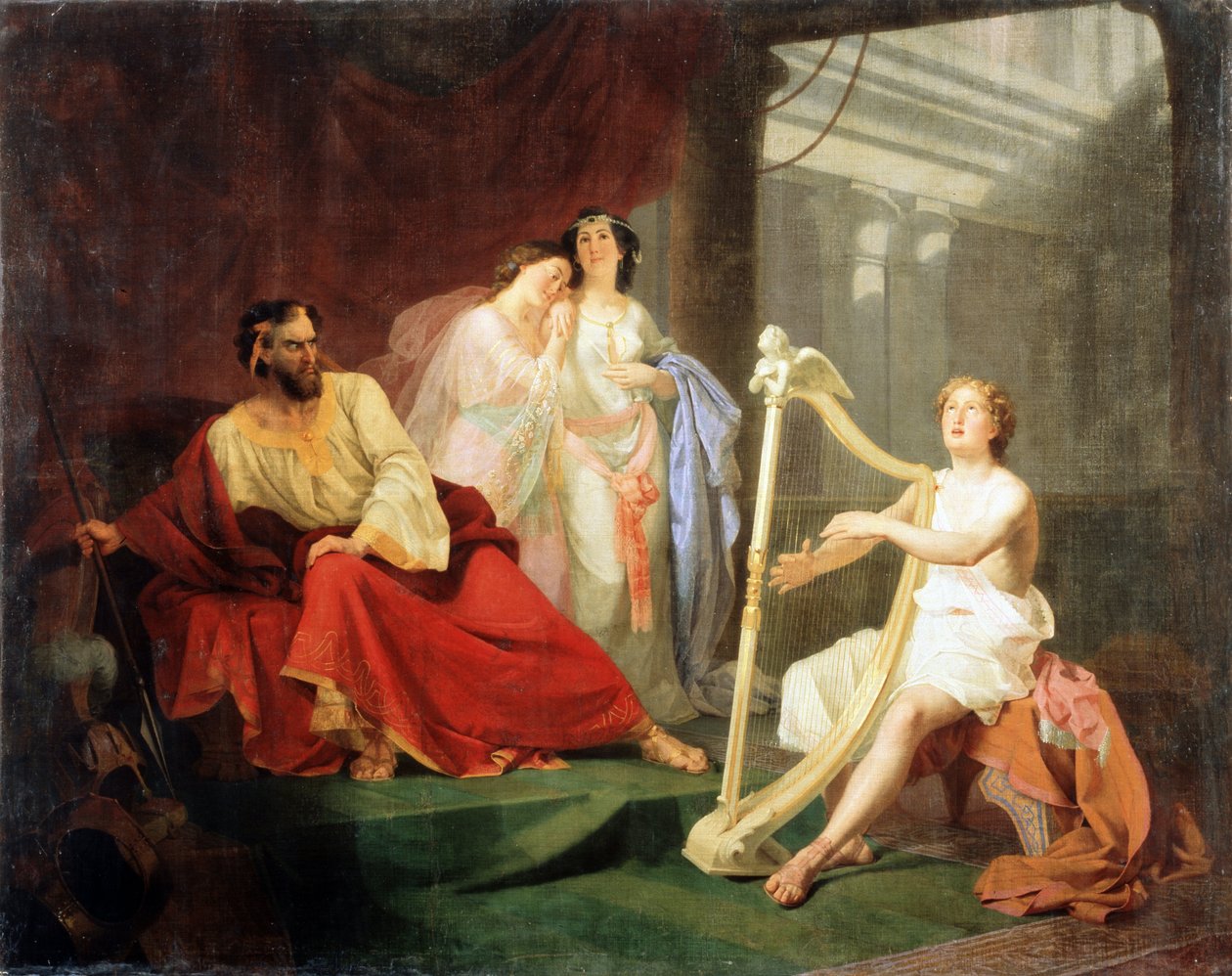 David og kong Saul (David og kong Saul). Episode fra Det gamle testamente, David spiller harpe for den hebraiske kongen, Saul tar David i tjeneste, men utvikler en fiendskap for ham som får ham til å drepe ham, så han griper et spyd med et mørkt utseende av Ivan Petrovich Keler Viliandi