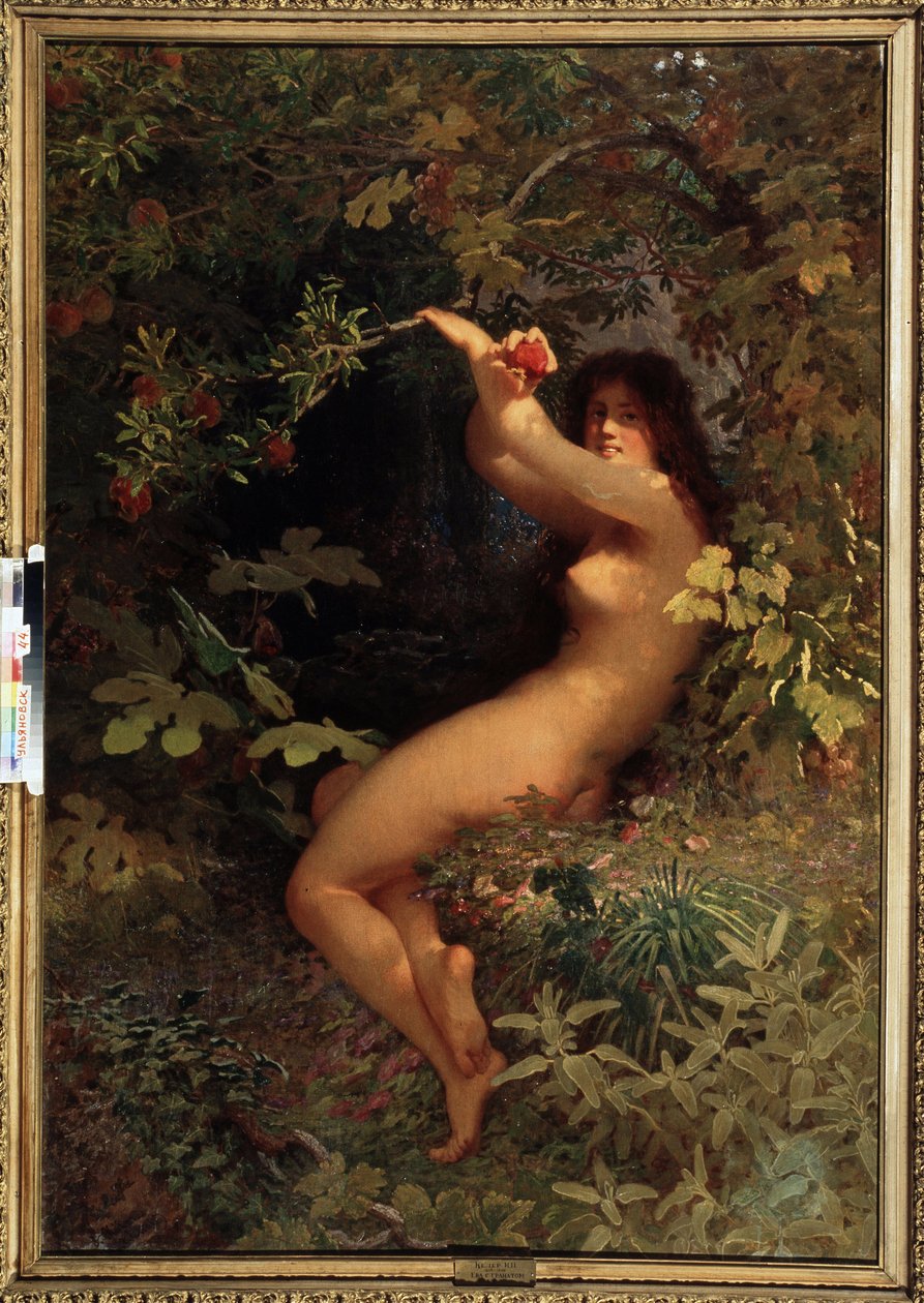 Eve med et granateple (Eve med granateple). Naken og forførende Eva, i Edens hage, plukker frukten av kunnskap. Maleri av Ivan Petrovich Keler Viliandi (1826-1899), olje på lerret av Ivan Petrovich Keler Viliandi