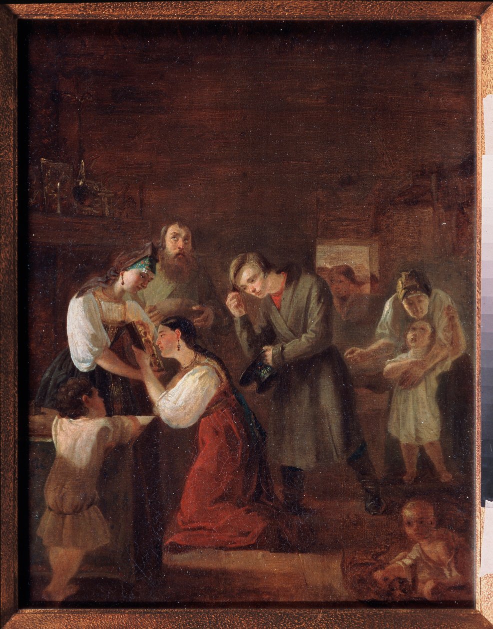 Blessing of the Young Couple Before Marriage (Den knelende unge kvinnen kysser et ikon, den unge mannen bøyer seg respektfullt bak henne) - Blessing of the Young Couple Before Marriage - Maleri av Ivan Petrovich Orlov (1815-1861), olje på av Ivan Petrovich Orlov