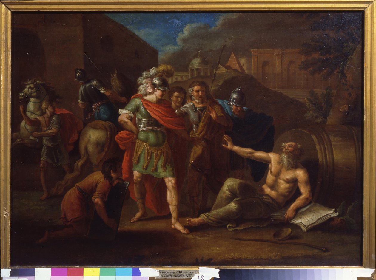 Alexander den store (Alexander III av Makedonia, 356-323 f.Kr.) besøker Diogenes (Diogenes fra Sinope eller kynikeren, ca. 413-ca. 327 f.Kr.) i Korint (Hellas) av Ivan Philippovich Tupylev