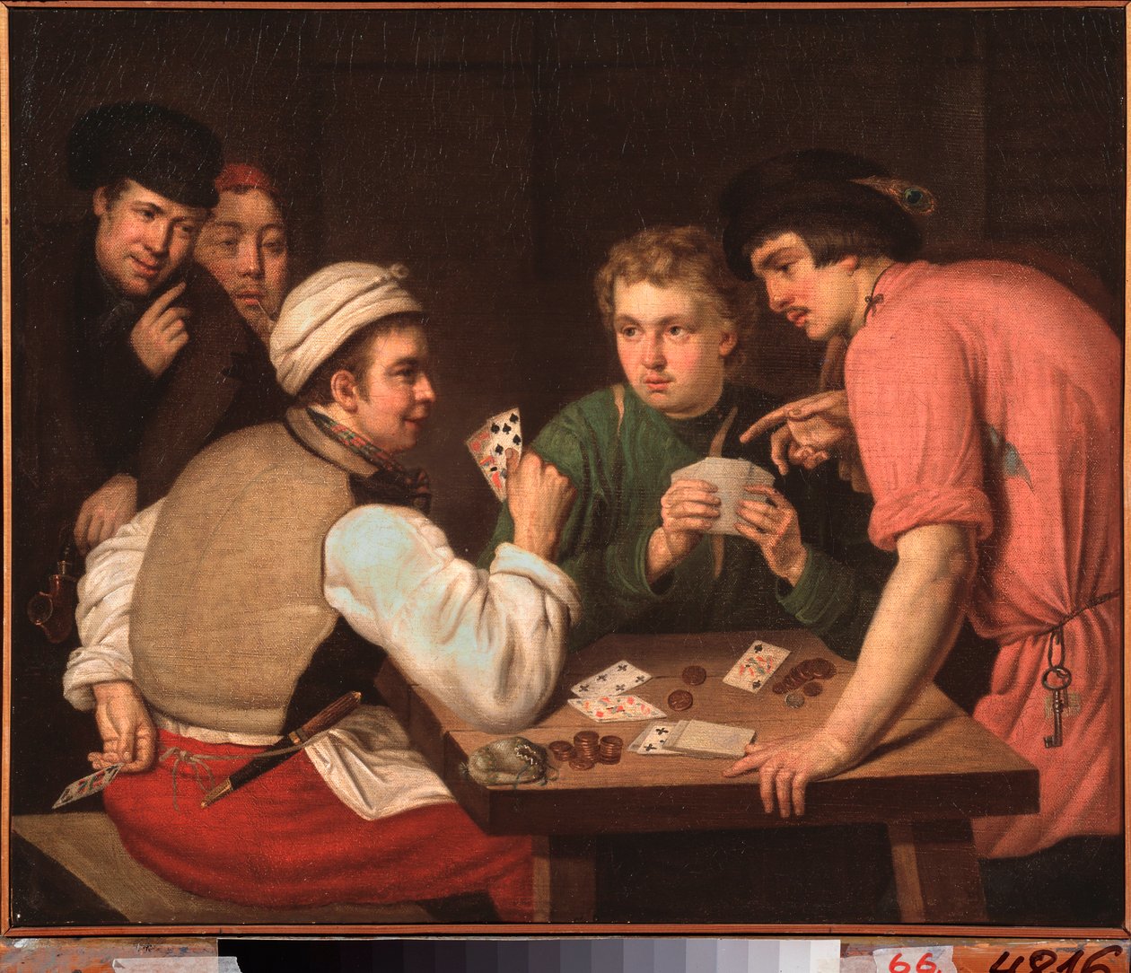 The Cardsharps - Maleri av Ivan Philippovich Tupylev (Toupylev) (1758-1821), olje på lerret av Ivan Philippovich Tupylev