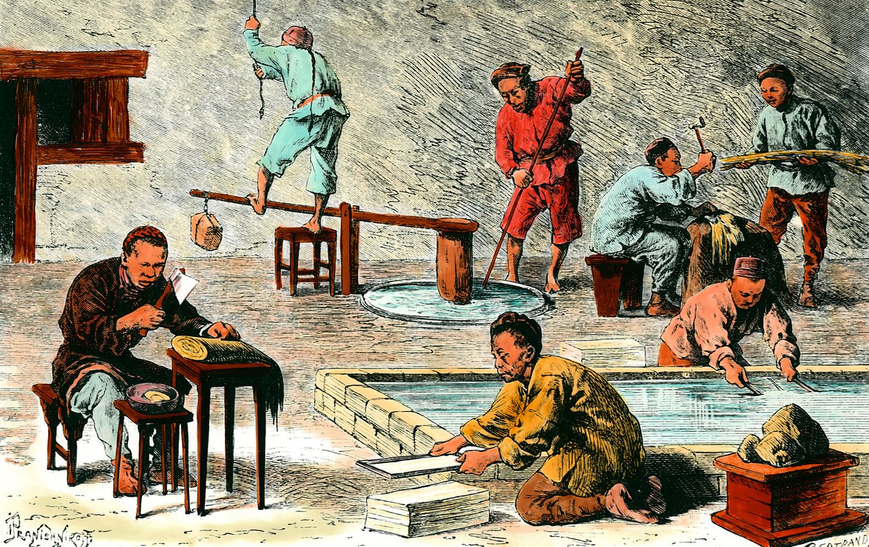 Papirproduksjon i Kina: forskjellige stadier av produksjon av papirark fra barken. Tegning av Ivan Pranishnikoff (1841-1909). Privat samling fra 1800-tallet av Ivan Pranishnikoff