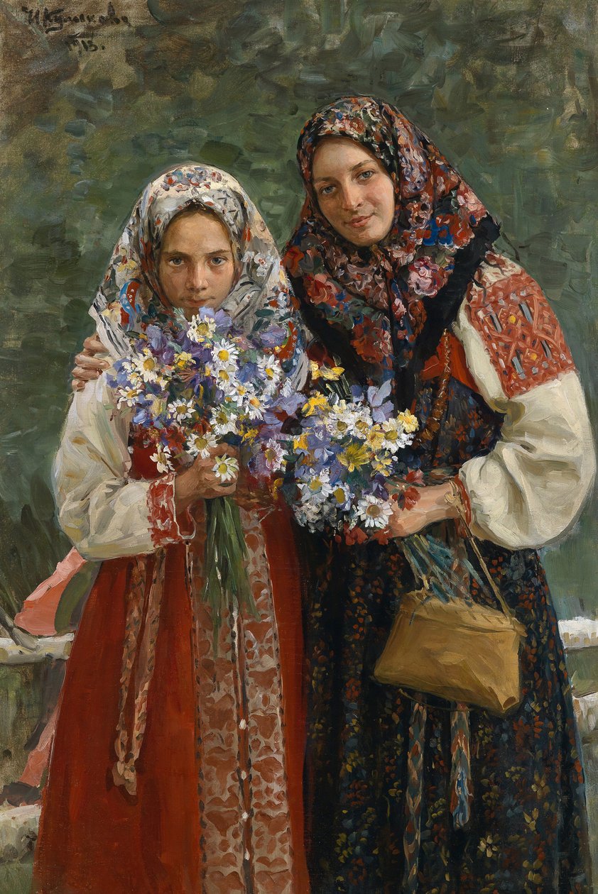 Villblomster. (Engblomster). En mor og hennes datter, elegante i sine folkloristiske kjoler med et fargerikt skjerf som dekker håret, holder en bukett ville blomster i hendene. Maleri av Ivan Semyonovich Kulikov (Koulikov) (1875 av Ivan Semyonovich Kulikov